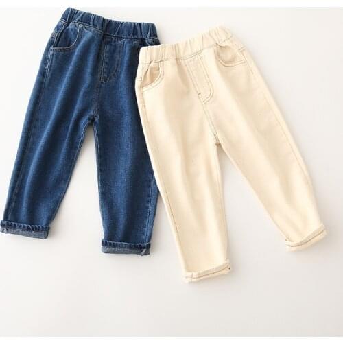 Spring Autumn New Kids Jeans Fashion Casual Boys Solid Denim Pants Elastic Waist Korean Jeans Pants For Boys 2-8 Y Baby Trousers