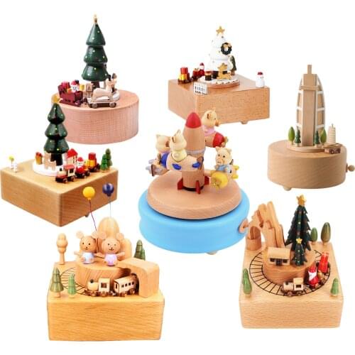 Wooden Music 360degree Rotating Box Santa Claus Christmas Tree Train Animal Styles Craft Home Decoration Birthday Gift