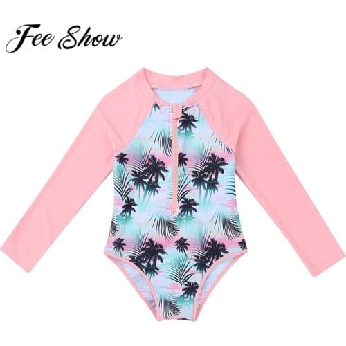 Kids Girls One Piece Surfing Swimsuit Beachwear Rash Guard Long Sleeves Palm Printed Zippered Swimming Bathing Suit Swimwear