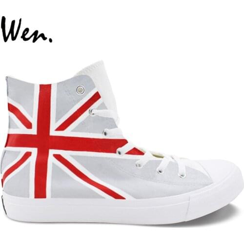 Wen Hand Painted Design Shoes Union Jack UK Flag Custom High Top Grey Blue Canvas Sneakers Men Women Rope Soled Plimsolls