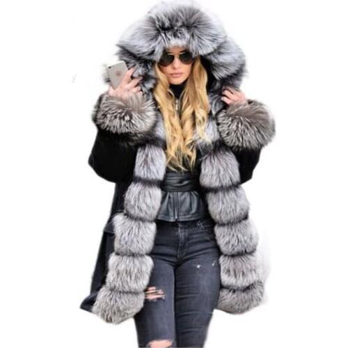 Genuine Silver Fox Fur Collar Hooded Long Casual Parkas Women Winter Real Fur Lining Coat Woman Warm Jacket Female