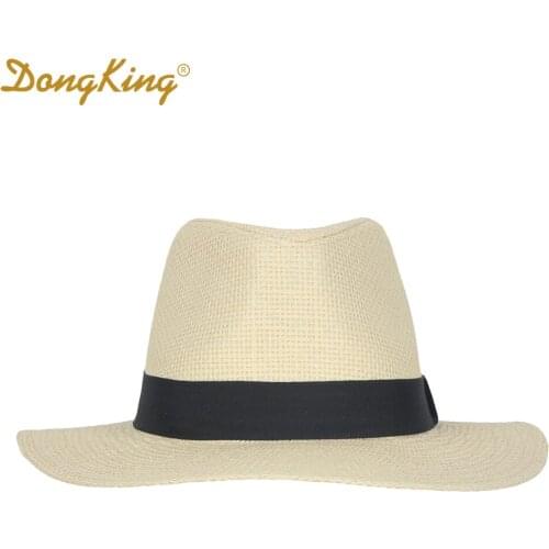 DongKing Panama Hat Trilby Gangster Cap Lady Casual Trendy Beach Sun Straw Jazz Hat Black Ribbon Flat Visor Men Women