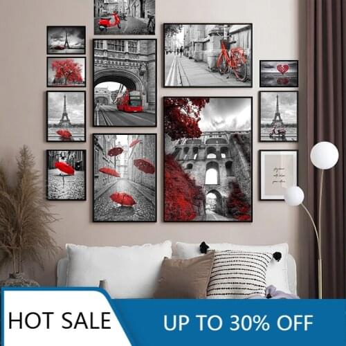 Europe Red Style Black and white scenery Pictures Wall Art Canvas Painting Posters Prints Vintage Landscape Home Decoration