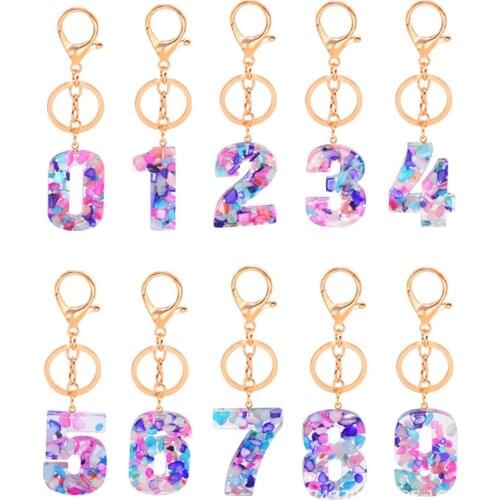 Number Acrylic Resin Key ring for Women Girl Simple Fashion Multicolor Stone Shape Transparent Crystal Letter Keychain Accessory