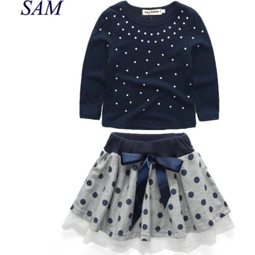 Girls Clohting Sets Childrens Pearl T-shirt + Polka Dot Skirt 2pcs Suits Kids Long Sleeve Clothes