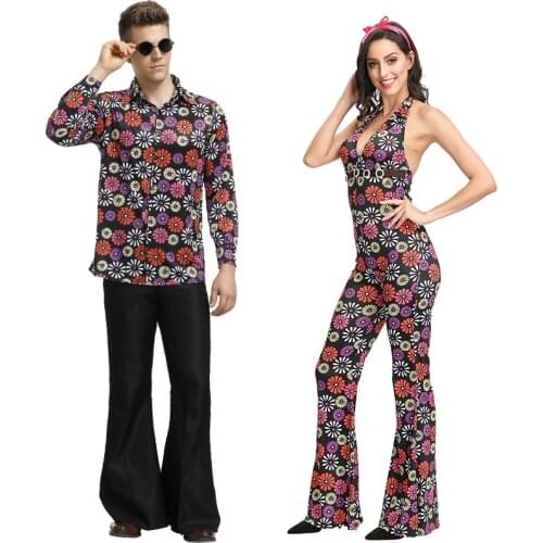 Fancy Hip Hop Costume Cosplay For Adult Couple 90s Retro Floral Party Dress Up Halloween Costume For Men Women Suit