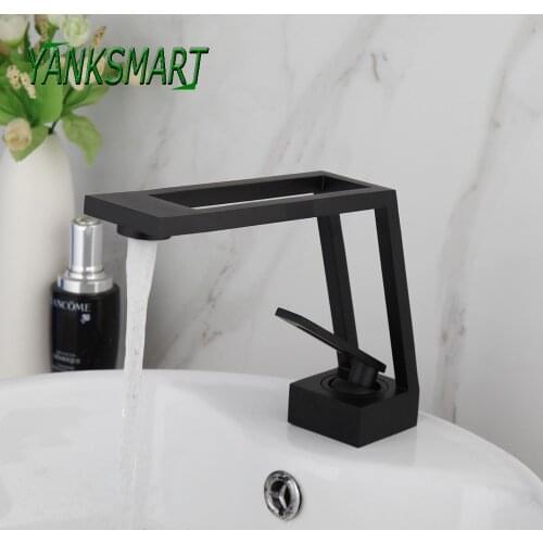 YANKSMART Matte Black Hollow Design Bathroom Faucet Basin Sink Single Handle Faucet Washbasin Deck Mounted Mixer Water Tap