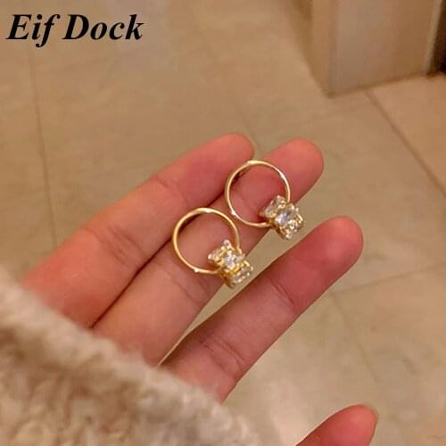 Eif Dock Cute Korean Earrings Round Bling Zircon Stone Rose Gold Stud Earrings for Women Fashion Jewelry 2021 New Gift
