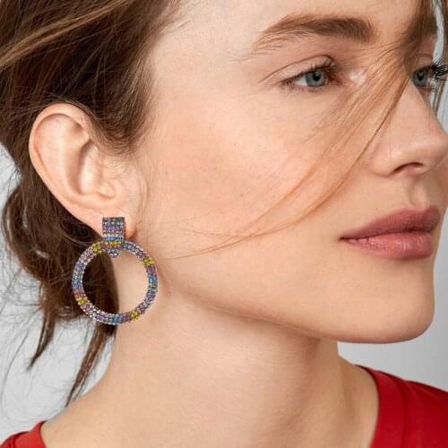 JERPVTE Luxury Crystal Round Dangle Drop Earrings For Women Fashion Jewelry Colorful Rhinestone Pendant Statement Earrings