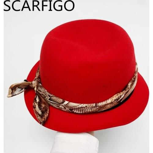 SCARFIGO 2021 New Fashion Women British Fedora Wool Felt Hat Vintage Wide Hat with Belt Buckle Adjustable