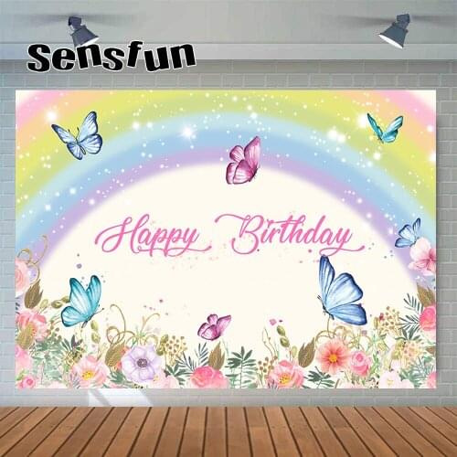 Sensfun Beautiful Girls Birthday Party Photography Backdrop Rainbown Flowers Butterfly Newborn Baby Shower Background Customized