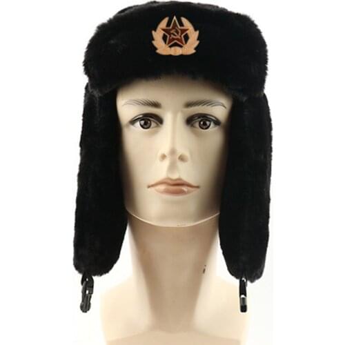 Adults Winter Bomber Hats Unisex Woolen Warm Trapper Aviator Cap Earmuffs Hat with Small Badge Winter Fur Earflap Snow Caps