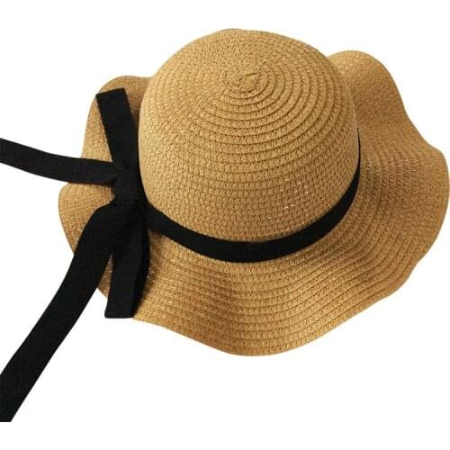 Big Bow Tie Girls Summer Cap Black Ribbon Decorate Wavy Straw Hat For Girl Children Panama Hat Kids Sun Cap Baby Beach Hats 2-5Y