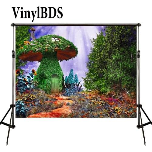 VinylBDS Fairy Photographic Backdrops Children Photography Backdrops Mushroom House Background Green Forest Backdrops for Studio