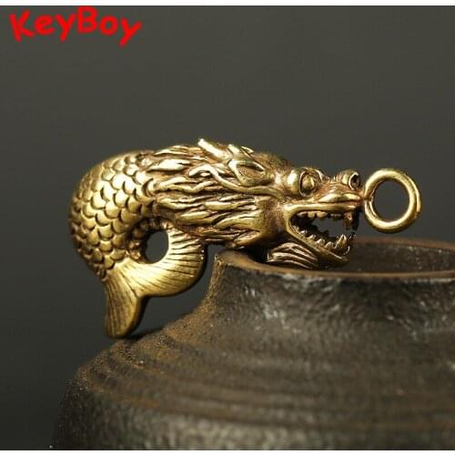 Vintage Copper Dragon Head Fish Tail Key Rings Pendants Traditional Chinese Feng Shui Lucky Car Key Chain Pendant Charms Trinket