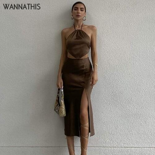 WannaThis 2 Piece Set Women Summer Mid-Calf Skirts Women Halter Sexy Party Irregular Elegant Lace Side Split Skirts Sets 2021New