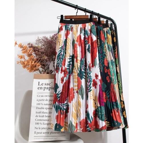 Printed Pleated Skirt Woman Korean Retro Chiffon Floral Mid-length Elegant Temperament Slim A-line Skirt Elegant Femme Jupe r278