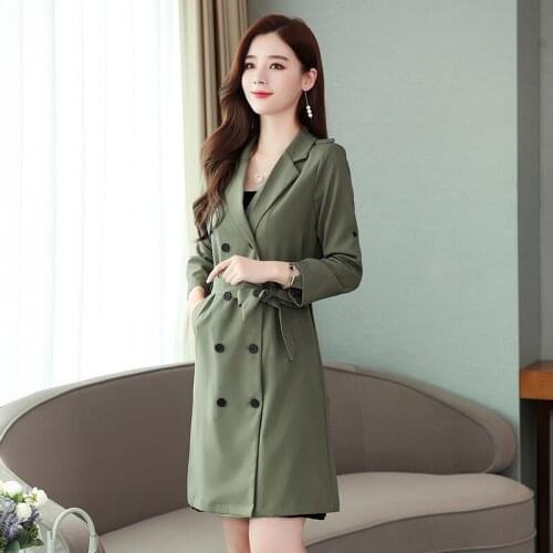 Abrigos Mujer 2020 Autumn New Mid-length Windbreaker Female Korean Lace Waist Slimming Elegant Temperament Trench Coat Women Q14