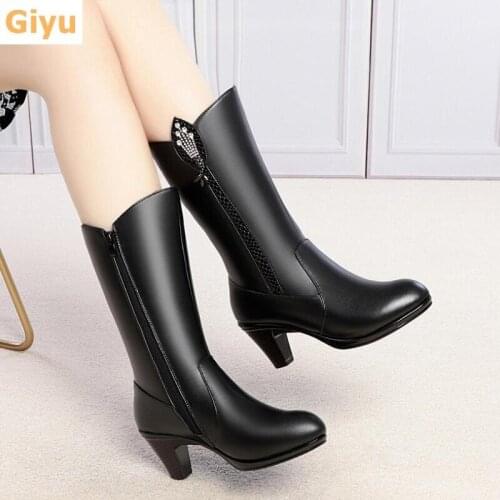 2020 new Genuine Leather Womens boots winter High heels wool high boots Black plus size Cotton shoes 35-43 Motorcycle boots