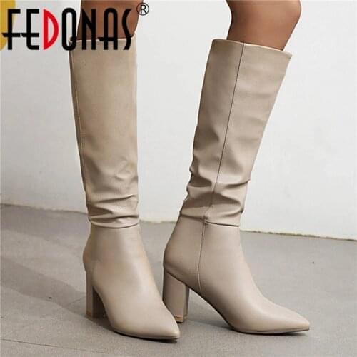 FEDONAS Sexy High Heels Boots Boots 2020 Autumn Winter Pointed Toe Knee High Boots Band Design Night Club High Heels Shoes Woman
