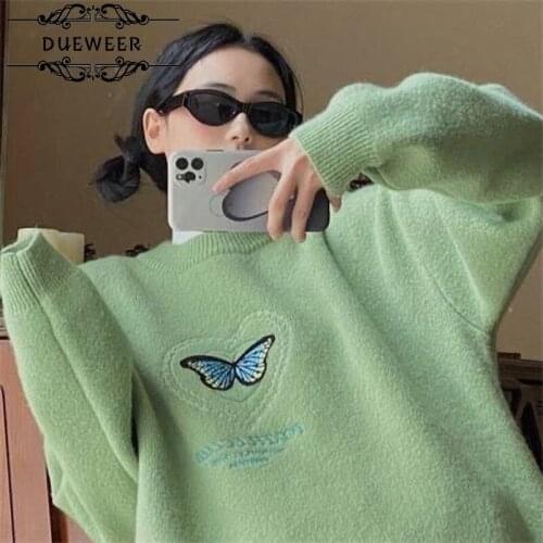 DUEWEER Sweaters Pullovers Women Butterfly Embroidery O-neck Retro Fall Harajuku All-match Chic Korean Style