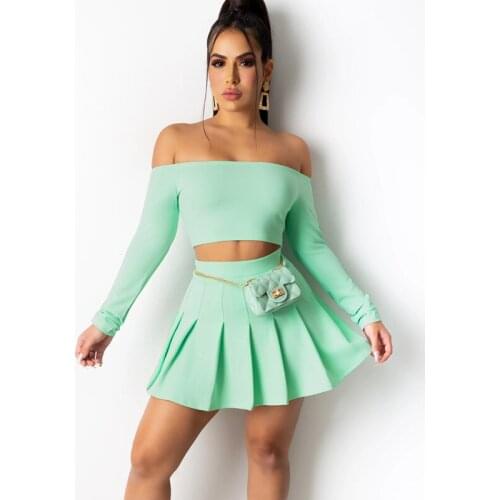 Hirigin Women 2ps Set Spring Summer Solid Off shoulder Full Sleeve Tops shirt + Pleated Mini Dress Elegant Sexy Club Party Suit