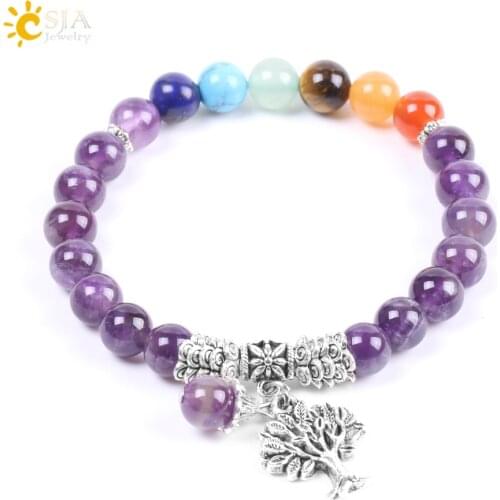 CSJA Natural Stone Purple Quartz 7 Chakra Beads Bracelet Yoga Meditation Tree of Life Pendant Balance Combination for Women F107