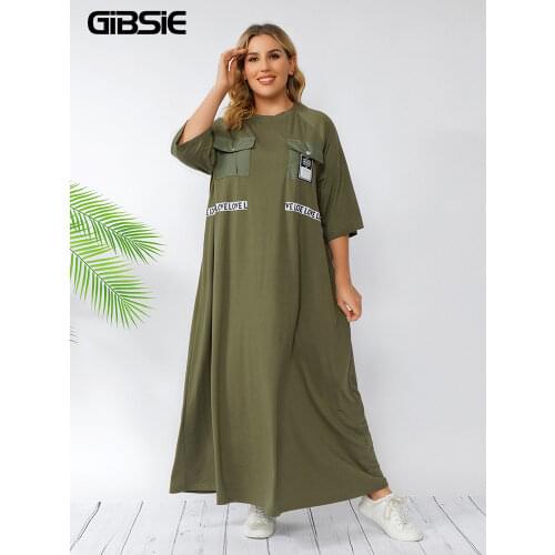 GIBSIE Plus Size Pocket Front Letter Graphic Oversized T Shirt Dress Half Sleeve O-Neck Casual Women Long Maxi Dresses 3xl 4xl