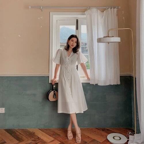 Sexy Womens Summer Dress Solid White Flare Sleeve Cut Out Waist Hollow Out A Line Dresses High Street Vestido