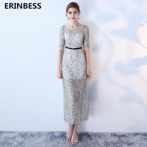 Vintage Short Prom Dresses 2019 Vestido De Festa Sexy Scoop Neck Half Sleeve Lace Prom Dress Ankle-Length Formal Gown For Women