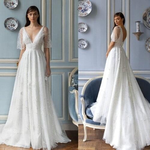 2021 Custom Made A Line Wedding Dresses V Neck Beading Appliqued Lace Beads Wedding Dress Bridal Gowns robes de mariée