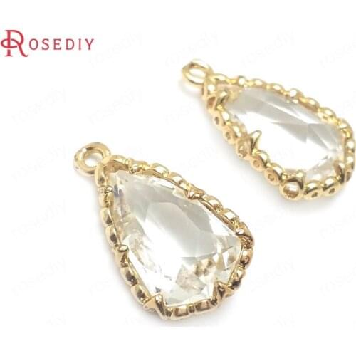 36415)6PCS 19x11MM 24K Champagne Gold Color Brass with White Glass Wave Edge Drop Shape Charms Pendants Jewelry Accessories