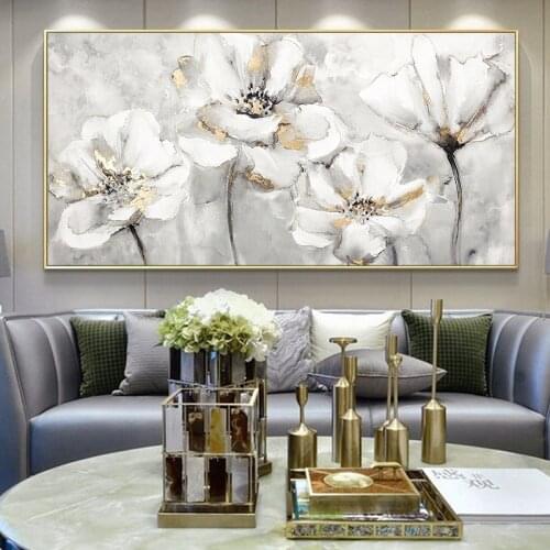 Abstract Poster Hand-painted Canvas Painting Wall Art White and Golden Modern Flower Pictures For Office Room Nordic Home Decor