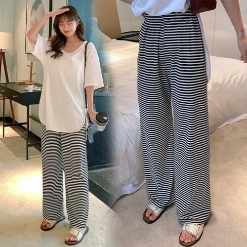 Customized Korean version of black and white pattern wide-leg pants, high-waist casual straight-leg pants, thin waist trousers