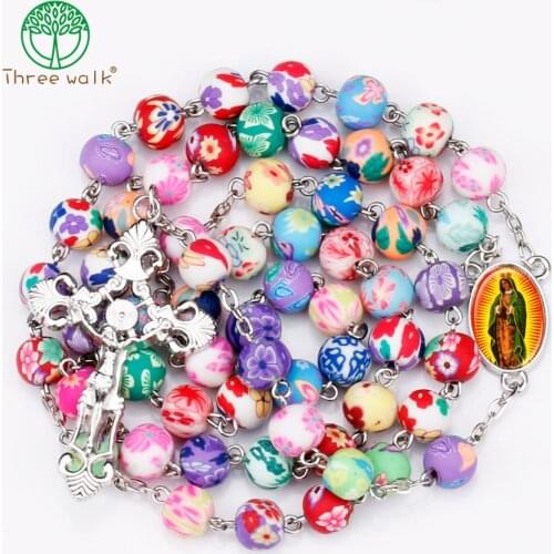 Polymer Clay Beads Catholic Rosary Cross Pendant Necklace Statement Colorful Beads Religious Maxi Necklace For Women