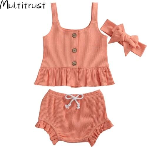 Multitrust Kids Summer Oufits Sunsuits Two pieces Cotton Plain Ruffles Vest Crop tops Shorts Casual Cute Clothing Infant Girls
