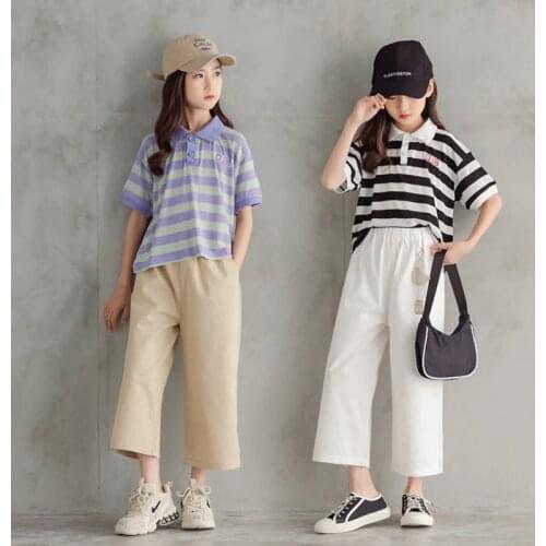 Childrens Summer Suit 2021 Short-sleeved Striped Kids Clothing Set Girls Clothes Loose Casual Pants Two-piece Trend Tracksuit