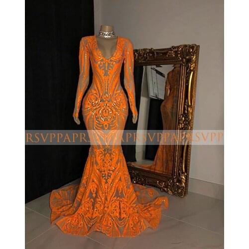 Long Elegant Prom Dresses 2021 V-neck Long Sleeve Sexy Mermaid Black Girl African Women Orange Sequin Prom Dress
