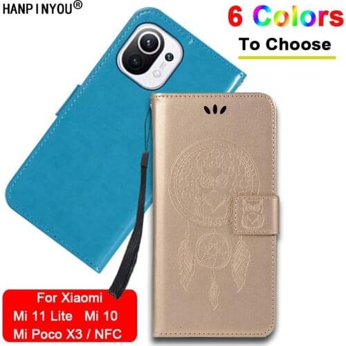 For Xiaomi Mi 11 Lite 5G 10 Poco X3 NFC Embossed Owl Feather Flip Leather Wallet Phone Case Magnetic button Cover With Card Slot