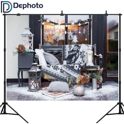 Dephoto Winter Christmas Photography Backgrounds Window Outdoor Bench blanket Snow Star decorate Backdrops Photo Studio props