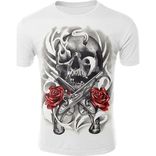 Hot selling 3D printing round neck short sleeve rock band black and white skull men and women street T-shirt fashion style Asian