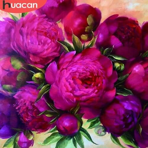 HUACAN 5D Diamond Painting Full Drill Square Peony Handmade Gift Diamond Painting Flower Diamond Mosaic Needlework Home Decor