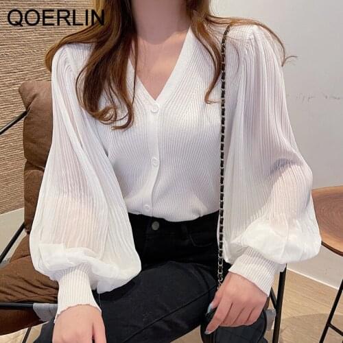 QOERLIN V Neck Lantern Sleeve Cardigan Women Autumn Loose Casual High Stretch Sweater Female Chiffon Sleeve Tops Sweaters Girls