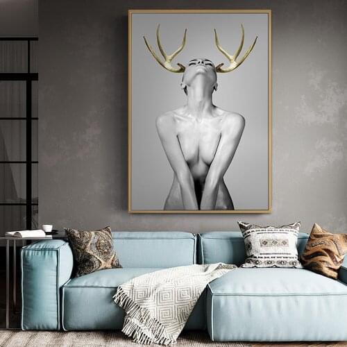 Girl With Golden Antlers Canvas Pictures For Bar Wall Decor Modern Sexy Girl Canvas Art Prints Abstract Body Canvas Paintings
