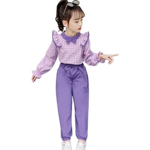 Girls Clothes Set Blouse + Pants Costume For Girls Plaid Pattern Tracksuit Girl Spring Autumn Childrens Tracksuit