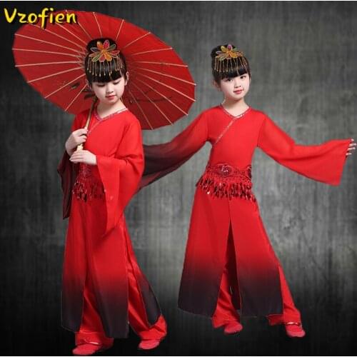 Red Chinese Fan Dance Costume Children Folk Elegant Yangko Dance Clothing Ancient Traditional National Square Dance Costumes