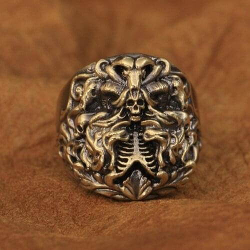 LINSION Details Brass Dark Banshee Skull Ring Mens Biker Punk Ring BR259 US Size 7~15