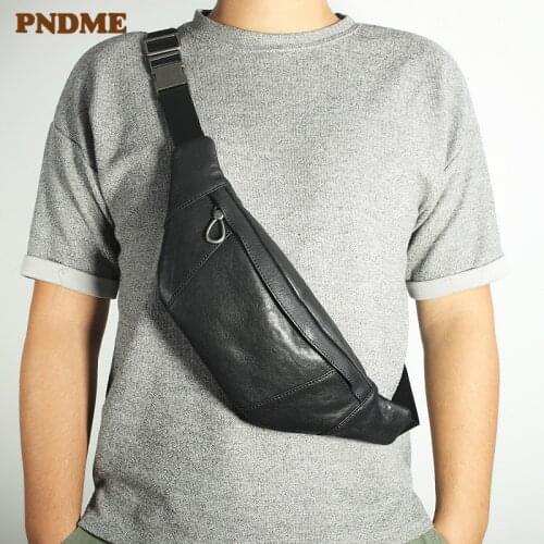 Fashion casual genuine leather stitching mens small chest bag luxury natural cowhide daily light waist pack black diagonal bag