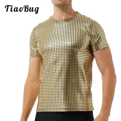 Mens Metallic Shiny Leather T-shirt Dance Top Shirt Short Sleeve Blouse Clubwear Casual Slim Fit Solid Color Tops
