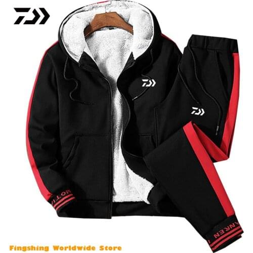 Men Tracksuit Winter Clothes 2 Pcs Set DAIWA Fishing Hoodies and Pants Set Man Fur Lined Warm Fishing Clothing Set Men Sweatsuit